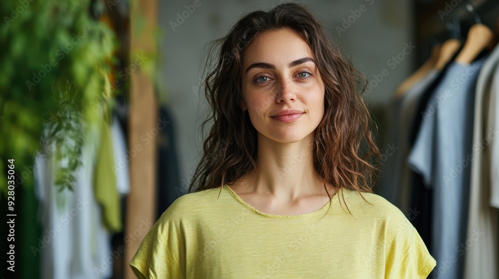 Fototapeta premium Portrait of a Young Woman in Casual Clothing Standing in a Modern Boutique