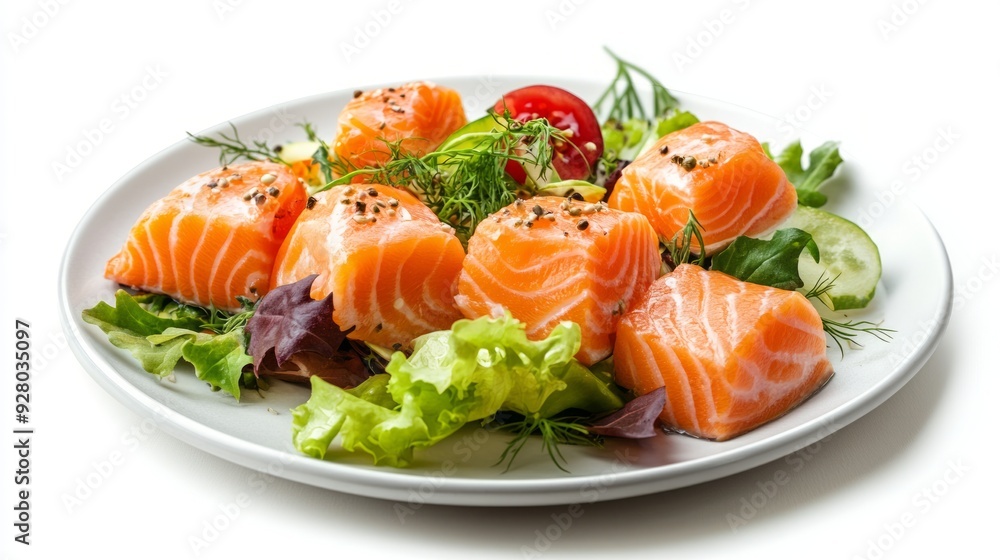 Seafood salmon salad plate isolated white background with copy space Seafood salmon salad plate isolated white background with copy space
