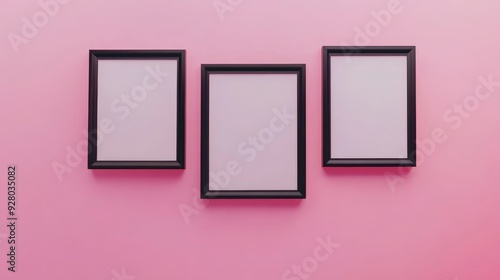 Three black picture frames on pink background