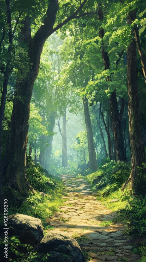Obraz premium Enchanted Forest Path: Anime-Style Journey Through a Magical Woods, Perfect for Fantasy Book Covers and Adventurous Hiking Tales,anime-style,illustration,Picture BooksFor Poster,Novel,UI,WEB,Game,Desi