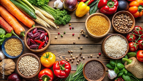 Nutritious whole grains and colorful vegetables for a balanced diet, nutrition, whole grains, colorful, vegetables