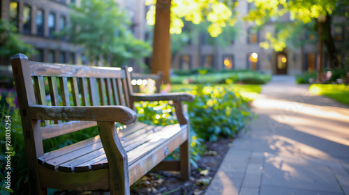 Fototapeta Naklejka Na Ścianę i Meble -  Sunlit wooden bench in a tranquil garden