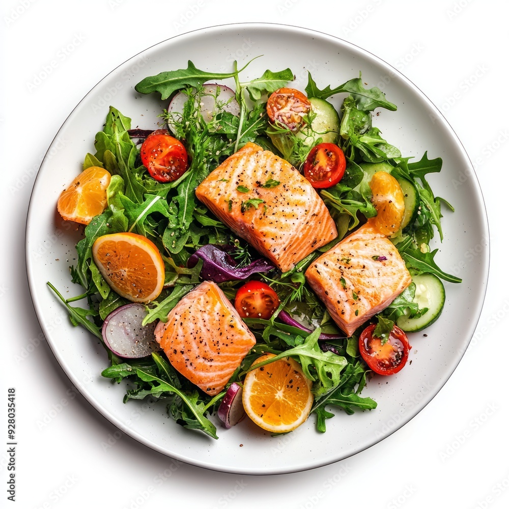 Seafood salmon salad plate isolated white background with copy space Seafood salmon salad plate isolated white background with copy space