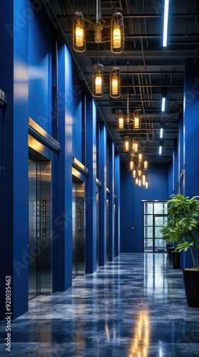 blue office corridor, concrete floor, loft-style windows, continuous ceiling lights, business and financial design theme, spacious interior concept, AI . 