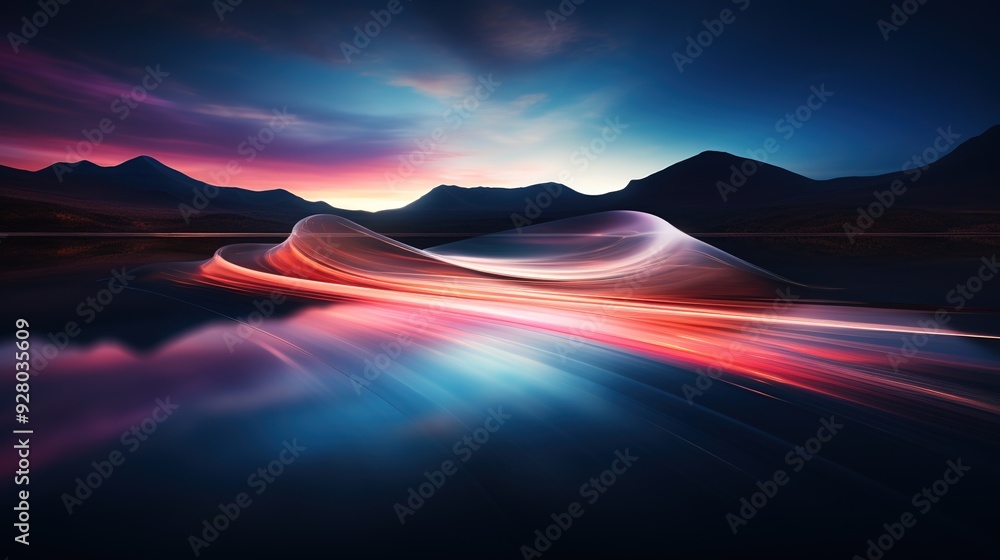 Fototapeta premium Abstract light trails over mountain lake at sunset.