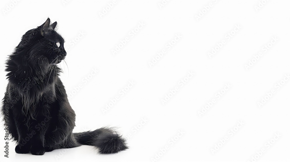 Obraz premium A black cat sitting on a white background, looking to the right.