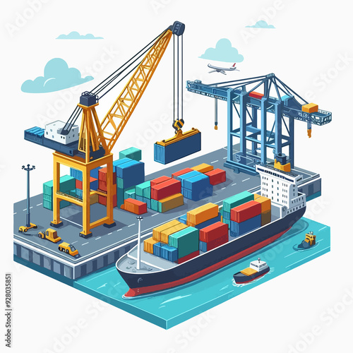 A large ship is docked at a port with a crane lifting a container