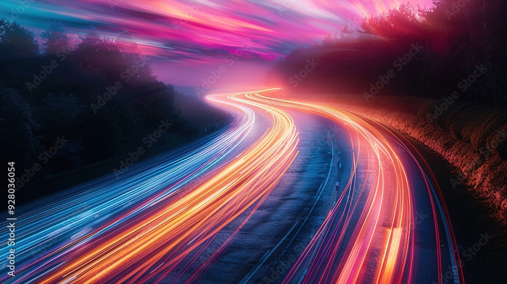 Abstract long exposure of a highway at night with a colorful sky. Abstract long exposure of a highway at night with a colorful sky.