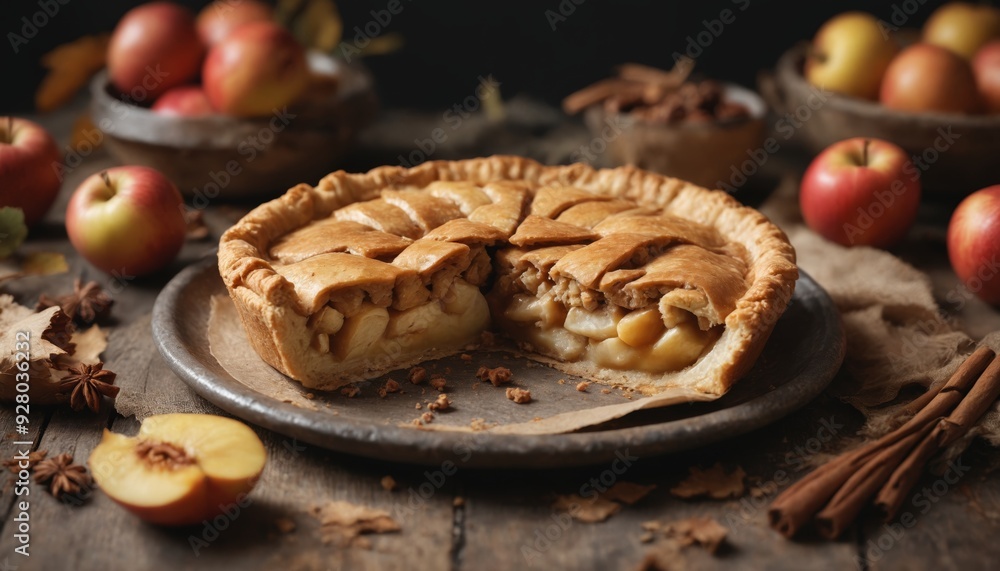 A slice of homemade apple pie with cinnamon and star anise on a rustic wooden table A slice of homemade apple pie with cinnamon and star anise on a rustic wooden table