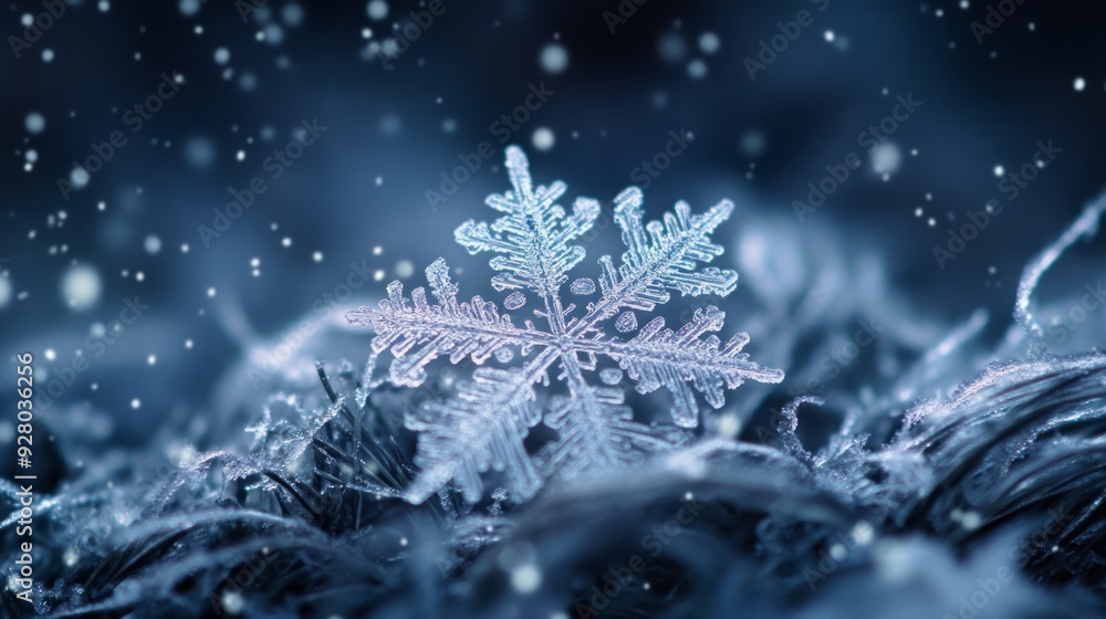 snowflake ice crystals snow falling on frozen ground and plants on a cold winter night snowflake ice crystals snow falling on frozen ground and plants on a cold winter night