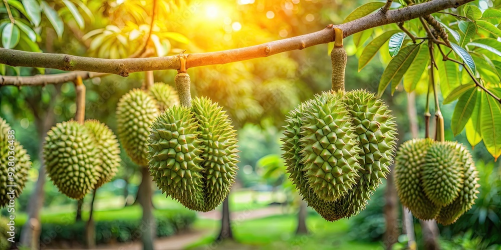 Lush durian tree bearing fruit in a vibrant garden setting, durian, tree, fruit, garden, foliage, green, lush, tropical Lush durian tree bearing fruit in a vibrant garden setting, durian, tree, fruit, garden, foliage, green, lush, tropical