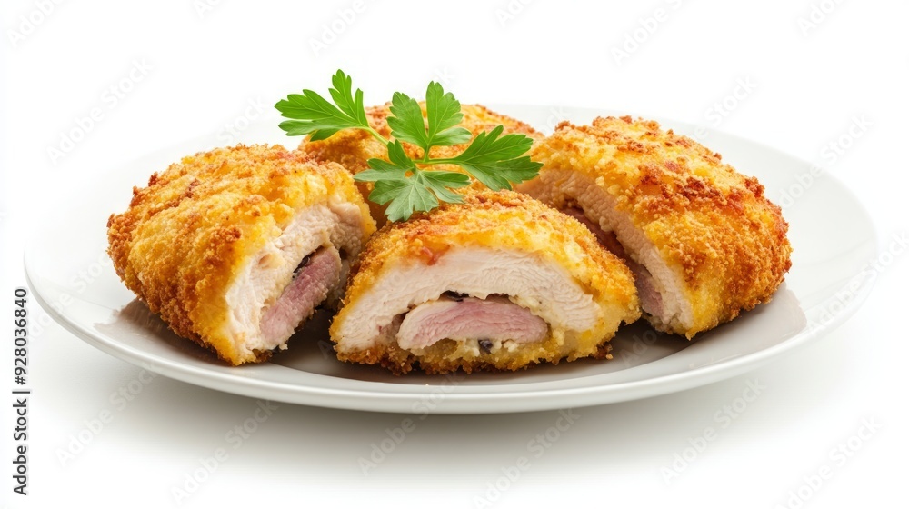 A Plate of Chicken Cordon Bleu Isolated on a White Background. A Plate of Chicken Cordon Bleu Isolated on a White Background.