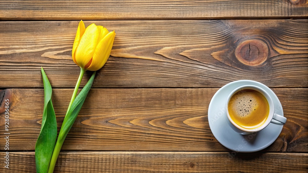 Yellow tulip lying on wooden table next to cup of morning coffee, yellow, tulip, flower, wooden table, cup, morning, coffee Yellow tulip lying on wooden table next to cup of morning coffee, yellow, tulip, flower, wooden table, cup, morning, coffee