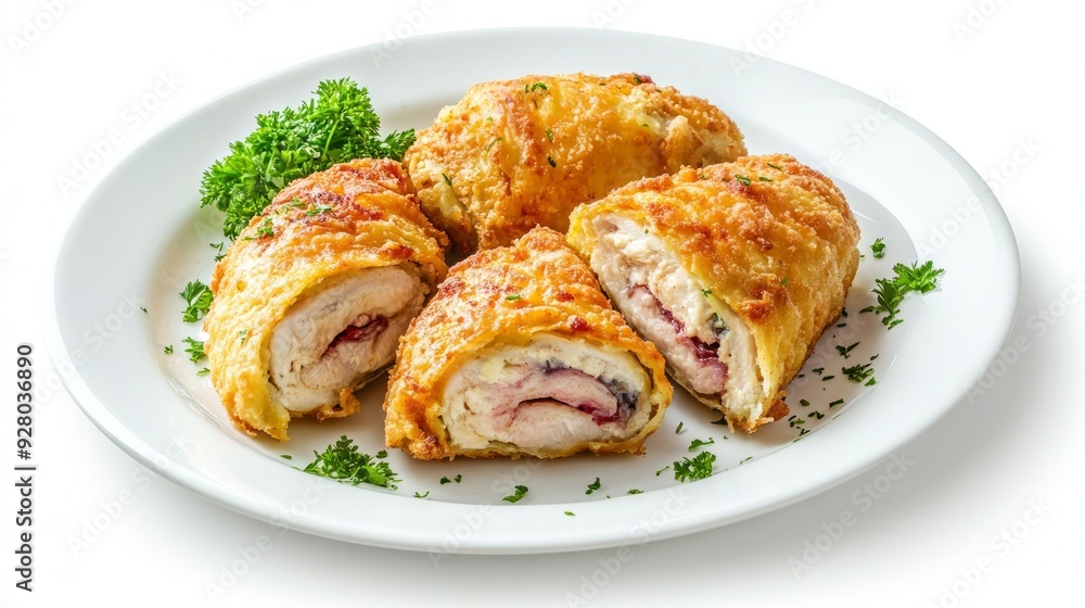 A Plate of Chicken Cordon Bleu Isolated on a White Background. A Plate of Chicken Cordon Bleu Isolated on a White Background.