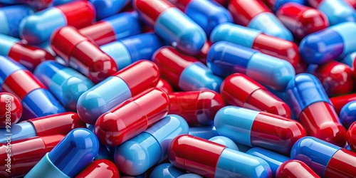 Red and blue pills on background, medicine, medication, health, pharmacy, choice, decision, drug, cure photo