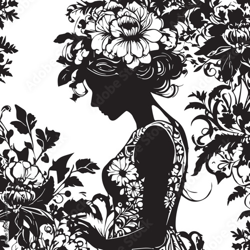 Vintage Floral Vision Woman Face Logo Retro Rose Reverie Black Floral Border Design
