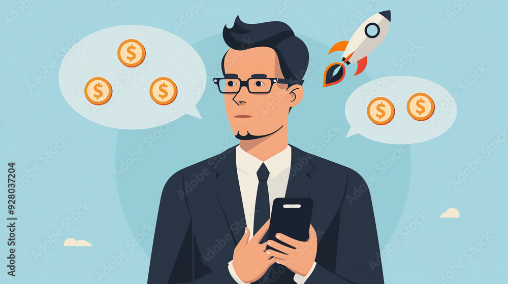 Businessman Using Smartphone with Dollar Signs and Rocket Launch, Symbolizing Financial Success Businessman Using Smartphone with Dollar Signs and Rocket Launch, Symbolizing Financial Success