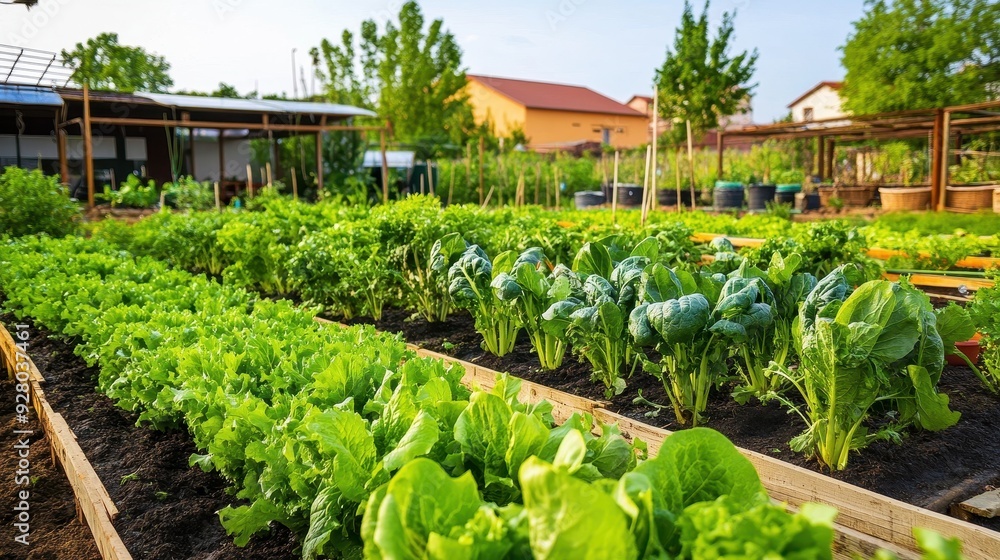 Lush Green Vegetable Garden with Raised Beds and Fresh Lettuce in a Sunny Backyard Setting Lush Green Vegetable Garden with Raised Beds and Fresh Lettuce in a Sunny Backyard Setting