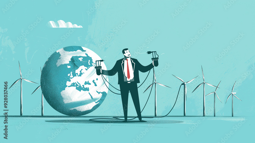 Businessman Holding Power Cables with Wind Turbines and Earth in Background, Promoting Green Energy Businessman Holding Power Cables with Wind Turbines and Earth in Background, Promoting Green Energy