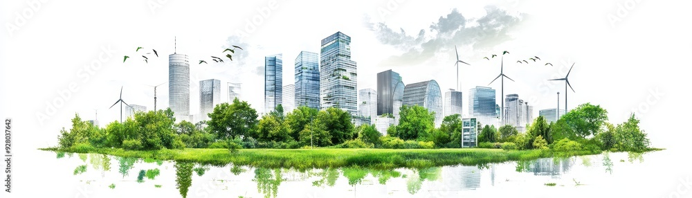 Modern Eco-Friendly Cityscape with Skyscrapers, Greenery, and Wind Turbines Reflecting in Water Modern Eco-Friendly Cityscape with Skyscrapers, Greenery, and Wind Turbines Reflecting in Water