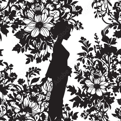 Vintage Floral Vision Woman Face Logo Retro Rose Reverie Black Floral Border Design
