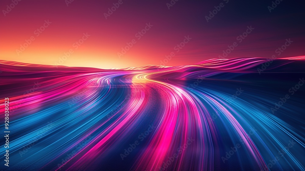 Abstract neon light streaks on a colorful, futuristic landscape. Abstract neon light streaks on a colorful, futuristic landscape.