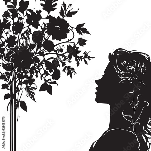 Vintage Floral Vision Woman Face Logo Retro Rose Reverie Black Floral Border Design
