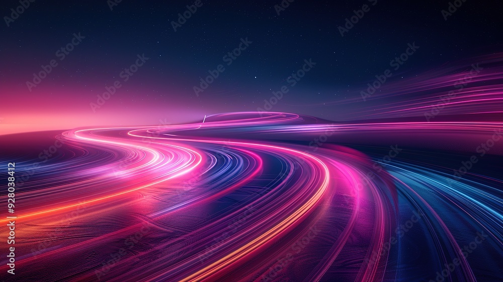 Abstract neon light trails against a starry night sky. Abstract neon light trails against a starry night sky.