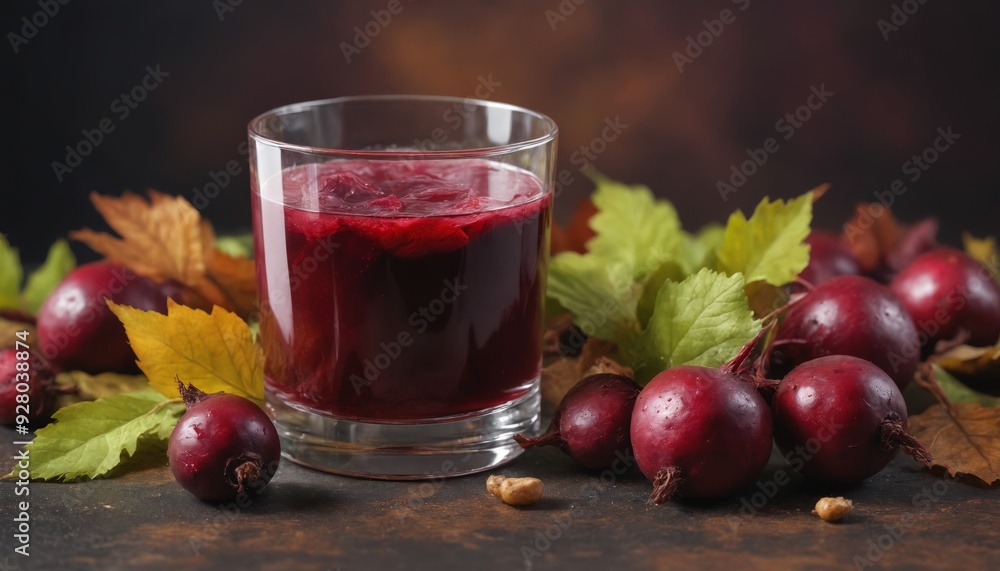 A glass of freshly made beetroot juice with whole beets and autumn leaves A glass of freshly made beetroot juice with whole beets and autumn leaves