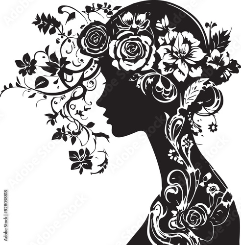Vintage Floral Vision Woman Face Logo Retro Rose Reverie Black Floral Border Design
