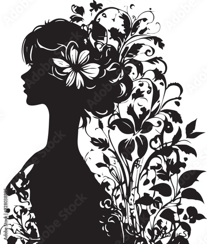 Vintage Floral Vision Woman Face Logo Retro Rose Reverie Black Floral Border Design
