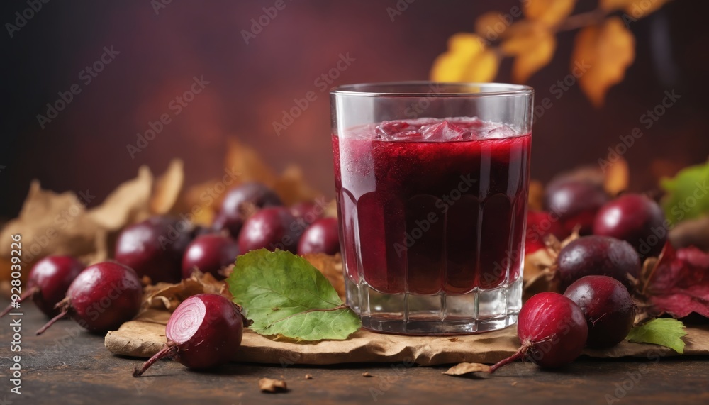A glass of freshly made beetroot juice with whole beets and autumn leaves A glass of freshly made beetroot juice with whole beets and autumn leaves