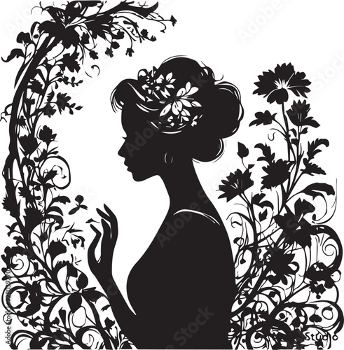 Vintage Floral Vision Woman Face Logo Retro Rose Reverie Black Floral Border Design
