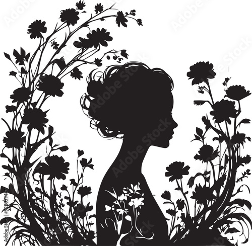 Vintage Floral Vision Woman Face Logo Retro Rose Reverie Black Floral Border Design

