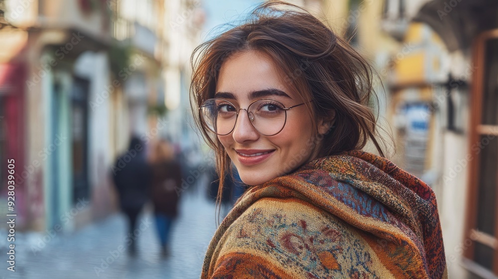 Fototapeta premium Young woman with glasses and colorful shawl smiling outdoors