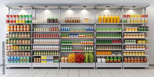mockup of supermarket shelf with various products on display, supermarket, shelf, market stand, retail, shop, product rack