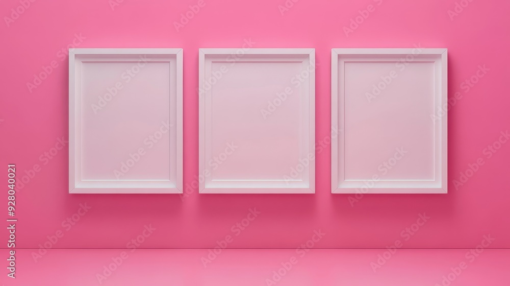 Three white picture frames on pink background Three white picture frames on pink background