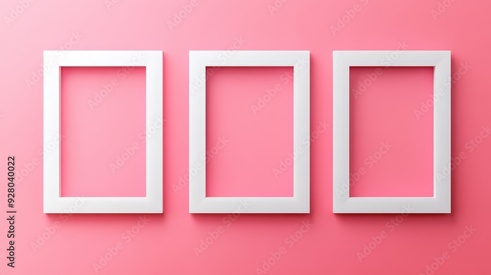 Three white picture frames on pink background Three white picture frames on pink background
