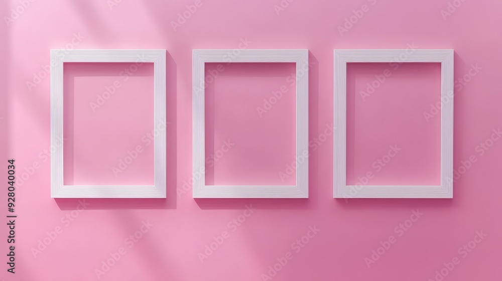 Three white picture frames on pink background Three white picture frames on pink background