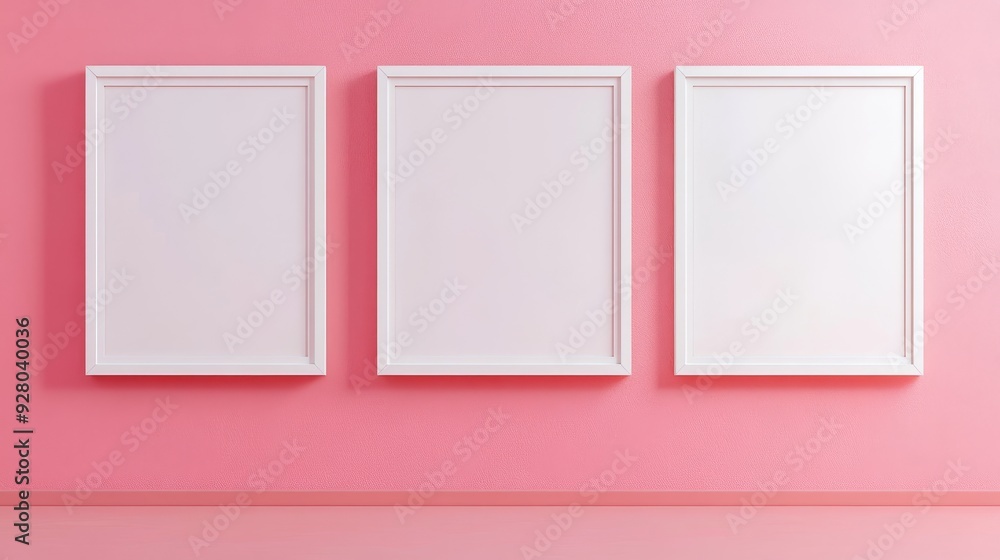 Three white picture frames on pink background Three white picture frames on pink background
