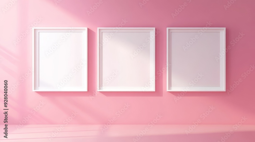 Three white picture frames on pink background Three white picture frames on pink background