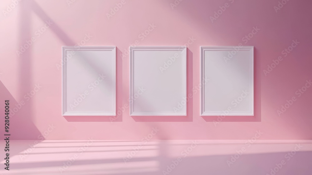Three white picture frames on pink background Three white picture frames on pink background
