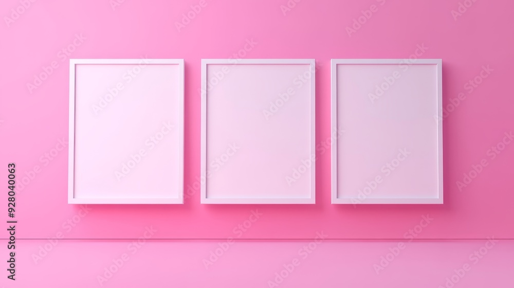 Three white picture frames on pink background Three white picture frames on pink background