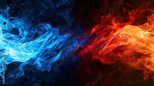 Two abstract fire and ice elements in dynamic motion with red and blue shades