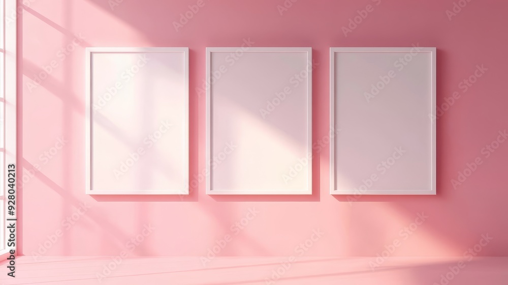 Three white picture frames on pink background Three white picture frames on pink background
