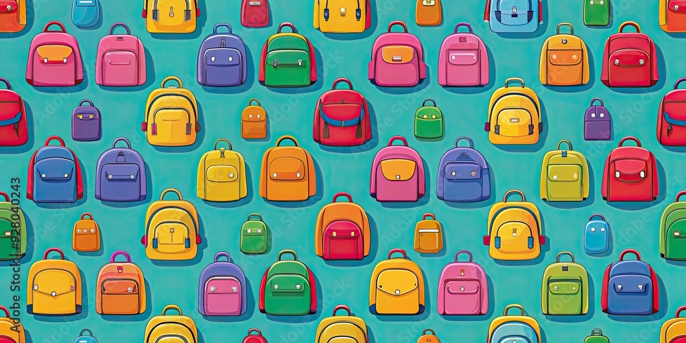 Seamless pattern of school backpacks on a multicolored background, school, backpack, briefcase, satchel Seamless pattern of school backpacks on a multicolored background, school, backpack, briefcase, satchel