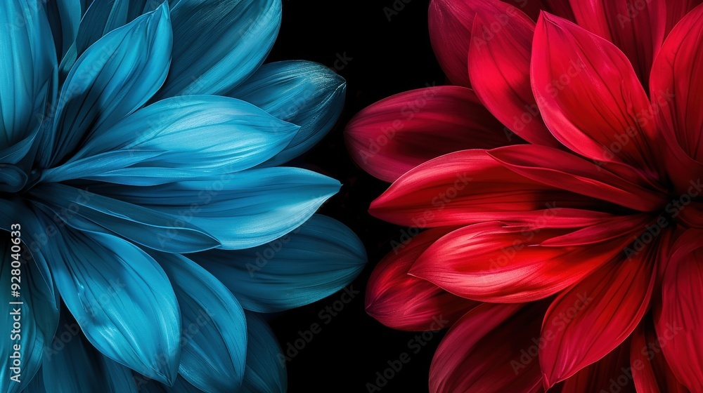 Two abstract flowers in a face off with red and blue petals Two abstract flowers in a face off with red and blue petals