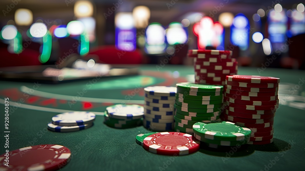 A close-up of a stack of red, green, and blue casino chips on a green felt gaming table.