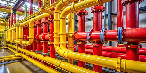 Wallpaper Mural Red and yellow pipes in an industrial building supplying water management system , industrial, pipes Torontodigital.ca