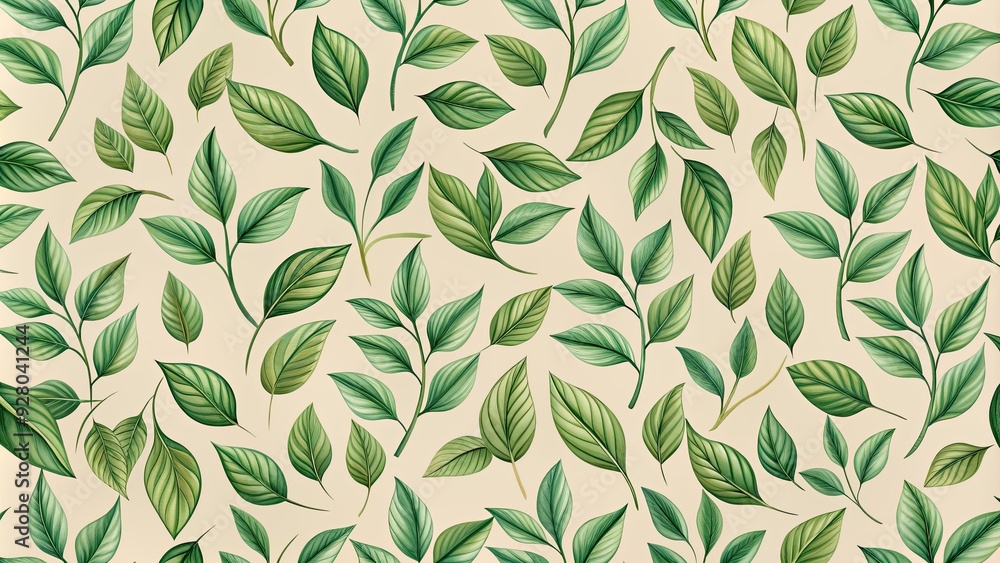 Fototapeta premium Seamless pattern featuring delicate green leaves on a beige background, leaves, seamless, pattern, foliage, nature